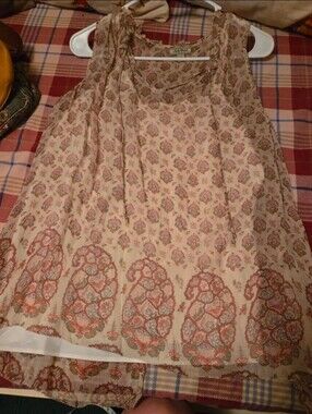 Lucky Brand Paisley Split Back Sleeveless Blouse Cream Coral Boho Tank M